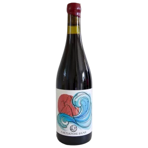 Bottiglia di vino rosso Cacciatore d'Uve con etichetta illustrata dai colori vivaci, onda e montagna.